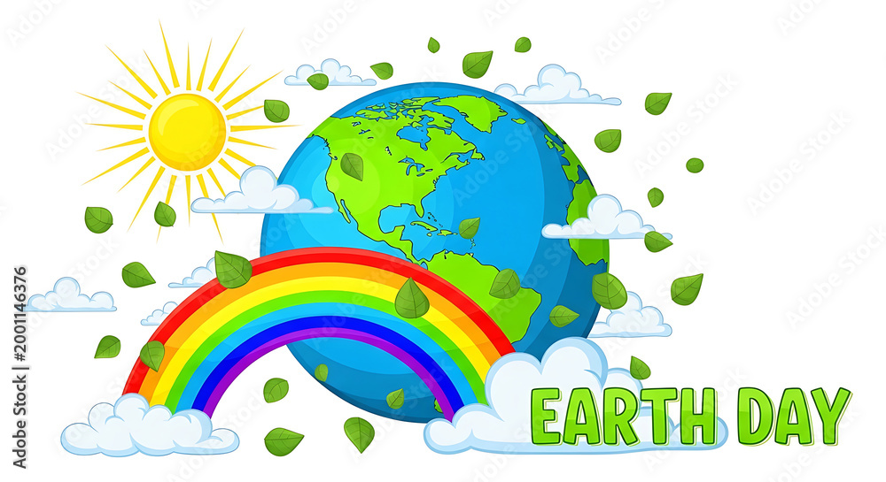 Naklejka premium Earth day sun rainbow clouds green leaves and globe
