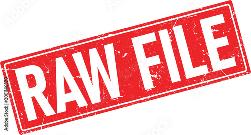 Red distressed rubber stamp impression reads Raw File in white letters on white background