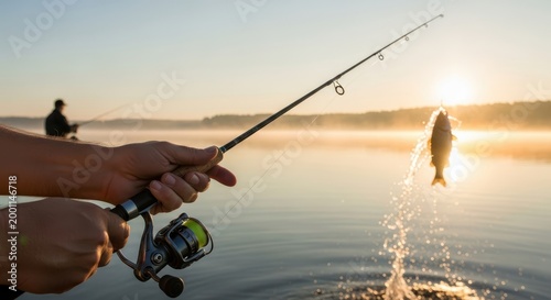 man fishing on a lake with a beautiful sunset in the background and a fish jumping out of the water 