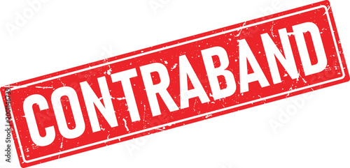 Red distressed rubber stamp imprint with the word CONTRABAND in bold white letters