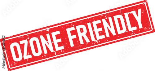 Red grunge rubber stamp with white text OZONE FRIENDLY angled on white isolated background