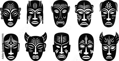 Traditional tribal black and white masks collection Vector