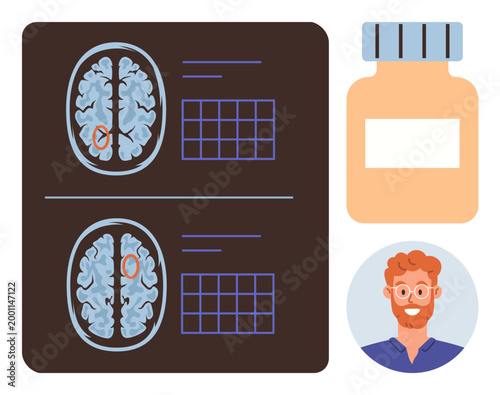 Brain health, neurological care, treatments, medical research, diagnostics, neuroscience. Brain scan images with graphs and a medication bottle alongside a male portrait. Brain health