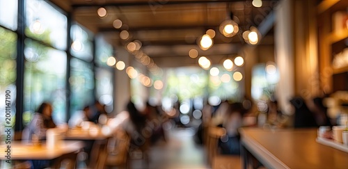 Blurred interior of a modern cafe with ambient lighting and people seated at tables
