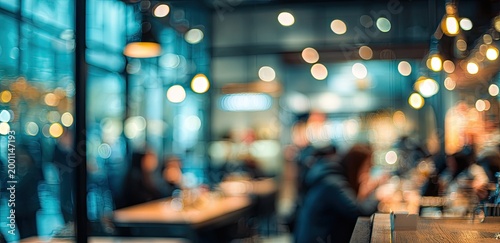 Dimly lit interior of a busy cafe with blurred patrons and warm ambient lighting