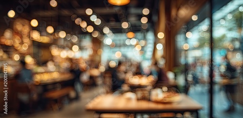 Warm interior of a cozy cafe with soft lights and blurred patrons