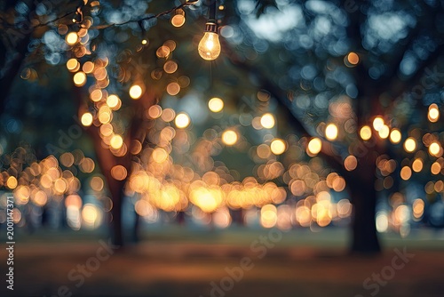 Warm, glowing string lights illuminate trees and create a magical atmosphere
