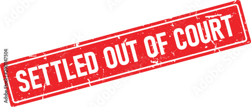 SETTLED OUT OF COURT red distressed rubber stamp impression angled on a white canvas