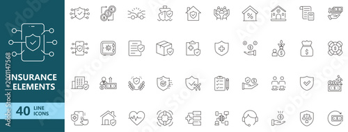 Insurance line icons set with health, life, property, car, travel protection symbols