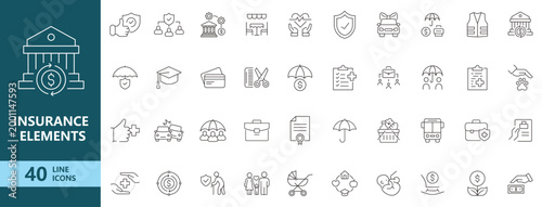Insurance line icons set with health, life, property, car, travel protection symbols