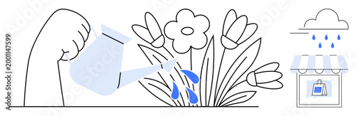 Business growth, sustainability, eco-friendly practices, gardening, investment, nature care. A hand watering flowers with a store in the background. Business growth and sustainability concept