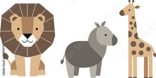 Cartoon animals lion giraffe and rhino illustration Vector