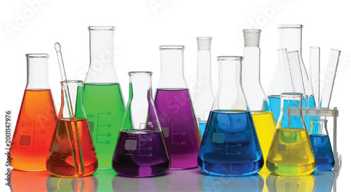 Collection of colorful chemical liquids in laboratory flasks and beakers on a white background with science and technology test tube lab equipment