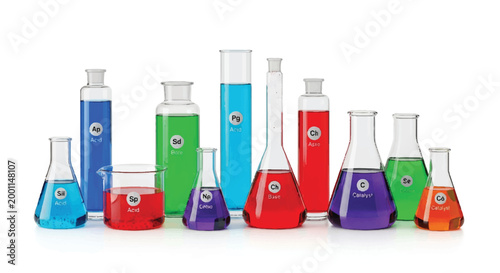 Laboratory glassware containing colorful chemical liquids science and research concept lab equipment test tube different shapes laboratory