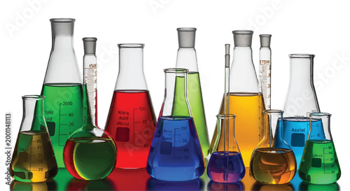 Variety of glass laboratory flasks filled with colorful chemical liquids test tube science lab laboratory equipment chemical analysis laboratory