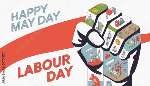 Strong red fist unites diverse workers symbolizing unity. Bold text celebrates May Day with clear, celebratory tone. Workers depicted in gear, tools, and hats reflect labor pride