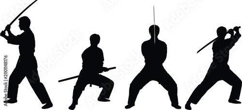 Vector silhouettes of martial arts practitioners with swords in diverse stances showing discipline, precision, and combat techniques for illustration design