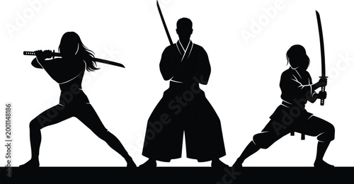 Vector silhouettes of martial arts practitioners with swords in dynamic stances showing discipline, balance, and precision for combat illustration design
