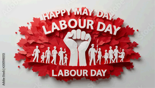 Strong red fist unites diverse workers symbolizing unity. Bold text celebrates May Day with clear, celebratory tone. Workers depicted in gear, tools, and hats reflect labor pride