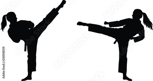 Vector silhouettes of martial arts practitioners performing dynamic high kick and side kick techniques in uniform for sports illustration design