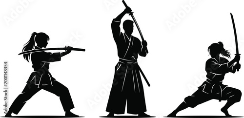 Vector silhouettes of martial arts practitioners with katana swords in diverse stances showing discipline, balance, precision, and combat illustration design