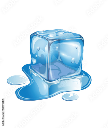 Realistic Blue Melting Ice Cube with Water Droplets and Puddle on White Background: Minimalist Cold Refreshing Frozen Solid Illustration for Beverage and Fresh Nature Graphic Designs