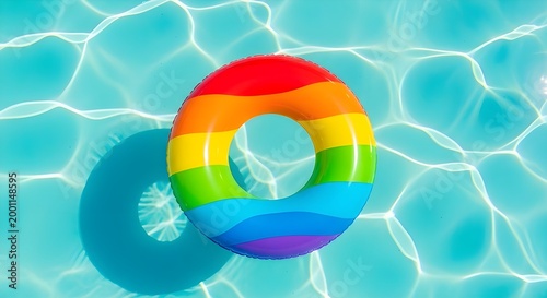 A vibrant rainbow colored inflatable pool float rests peacefully on the surface of clear sparkling blue water evoking summer vibes