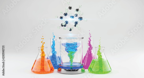 Colorful swirling liquid in a laboratory flask with molecular structures above molecular structure chemistry experiment swirling colorful