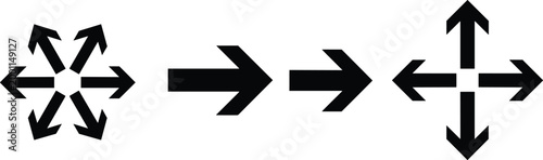 Vector illustration of complex multi‑directional arrow silhouettes evolving into simplified directional design representing navigation, transformation, and communication concept