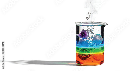Layered colorful liquids creating a density gradient in a laboratory beaker with steam white background gradient chemistry laboratory experiment