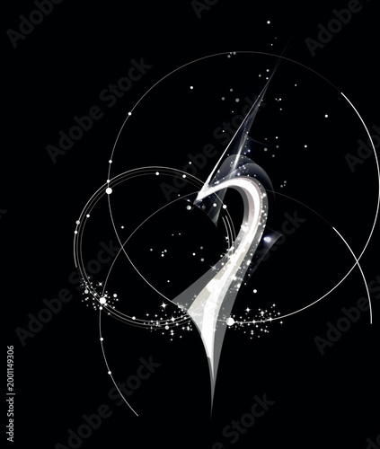 Abstract Glowing White Curved Light Streak with Sparkles and Geometric Rings on Black Background: Minimalist Futuristic Energy Flow Illustration for Creative Graphic Design and Editing.