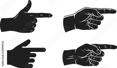 Vector collection of pointing hand silhouette icons in diverse artistic styles showing rightward finger gestures for navigation and communication