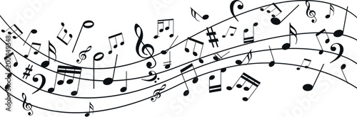 Abstract Musical Notes and Clef Symbols on Wavy Pentagram Staff Lines: Elegant Black and White Music Score Composition Illustration for Artistic Backgrounds Concerts and Sound Design