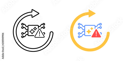 Error feedback loop symbol. Circular process loop from AI output to error and back to input. Iterative correction system. Simple geometric illustration.