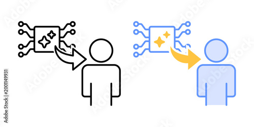 Fallback to human symbol. AI node redirected to human figure via arrow. Escalation from AI to human control. Simple geometric illustration.