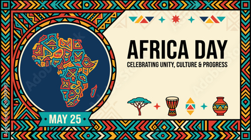 Celebrate Africa Day Dynamic Vector Graphic Showcasing the African Continent, Cultural Heritage, and Unity Through Art
