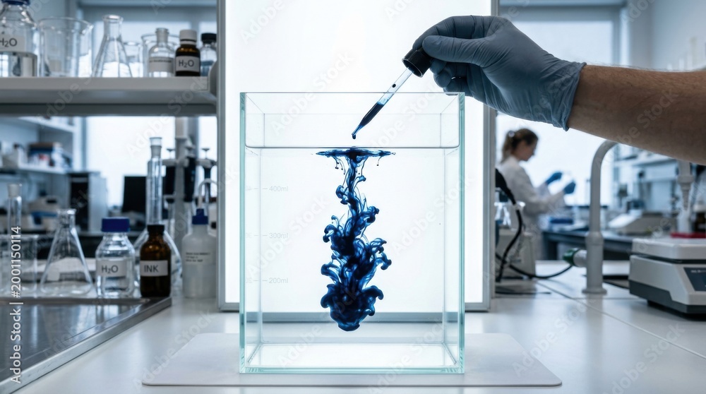 Fototapeta premium Blue dye diffusion in water, laboratory experiment, science concept.