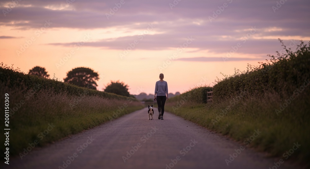 Obraz premium Serene Evening Stroll A Person and Their Loyal Dog Enjoying a Peaceful Country Lane at Sunset