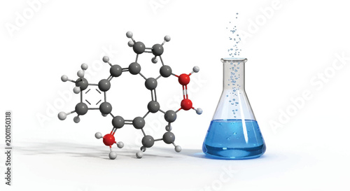 3D rendered molecular structure of a complex organic molecule next to a conical flask filled with blue liquid 3D render molecule chemistry
