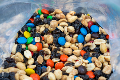 Inside a plastic bag filled with GORP trail mix