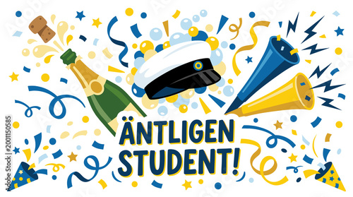 Äntligen student Swedish text, Swedish studentmössa graduation banner in Scandinavian style