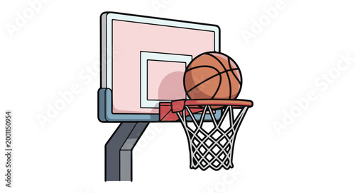 Cartoon basketball going through hoop on pink backboard