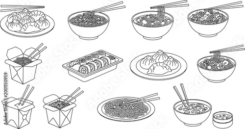 Assorted asian takeout food with chopsticks Vector