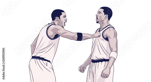 Two basketball players in white uniforms arguing on the court