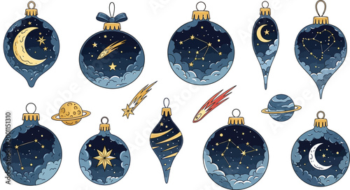 Space-themed decorative christmas ornaments set Vector