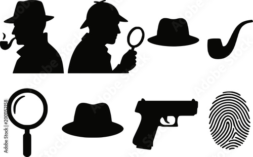 Detective investigator magnifying glass silhouette vector illustration set