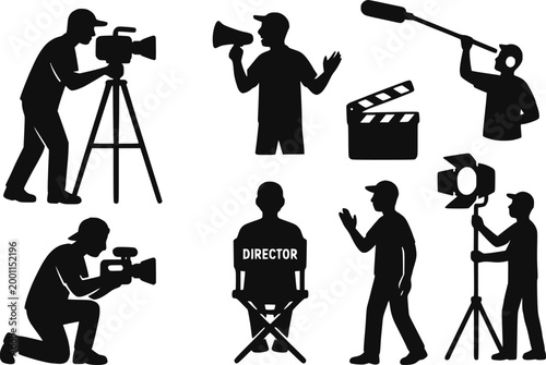 Film director cameraman movie crew silhouette vector illustration set