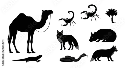 Black silhouettes of various desert animals.