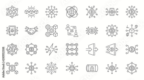 Vector Icons Set of Blockchain and Cryptocurrency Technology Line Icons. EPS Editable. Vector Illustrations.