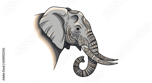 Gray Elephant Head with Curled Trunk.